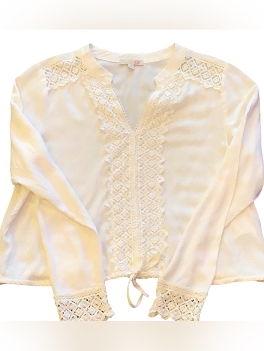 Gianni Bini Cream v-neck Cropped lace-trim long sleeve Blouse drawstring hem